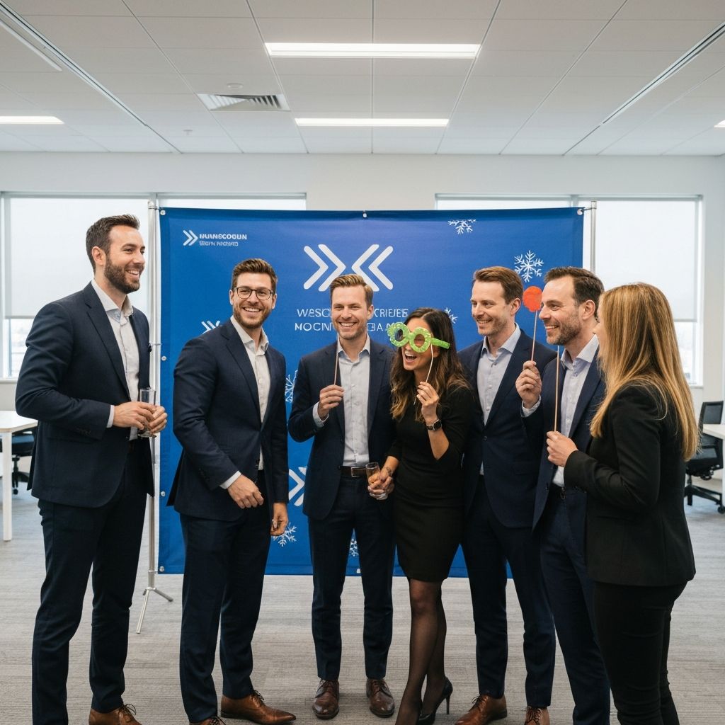 Corporate team enjoying a branded photo booth